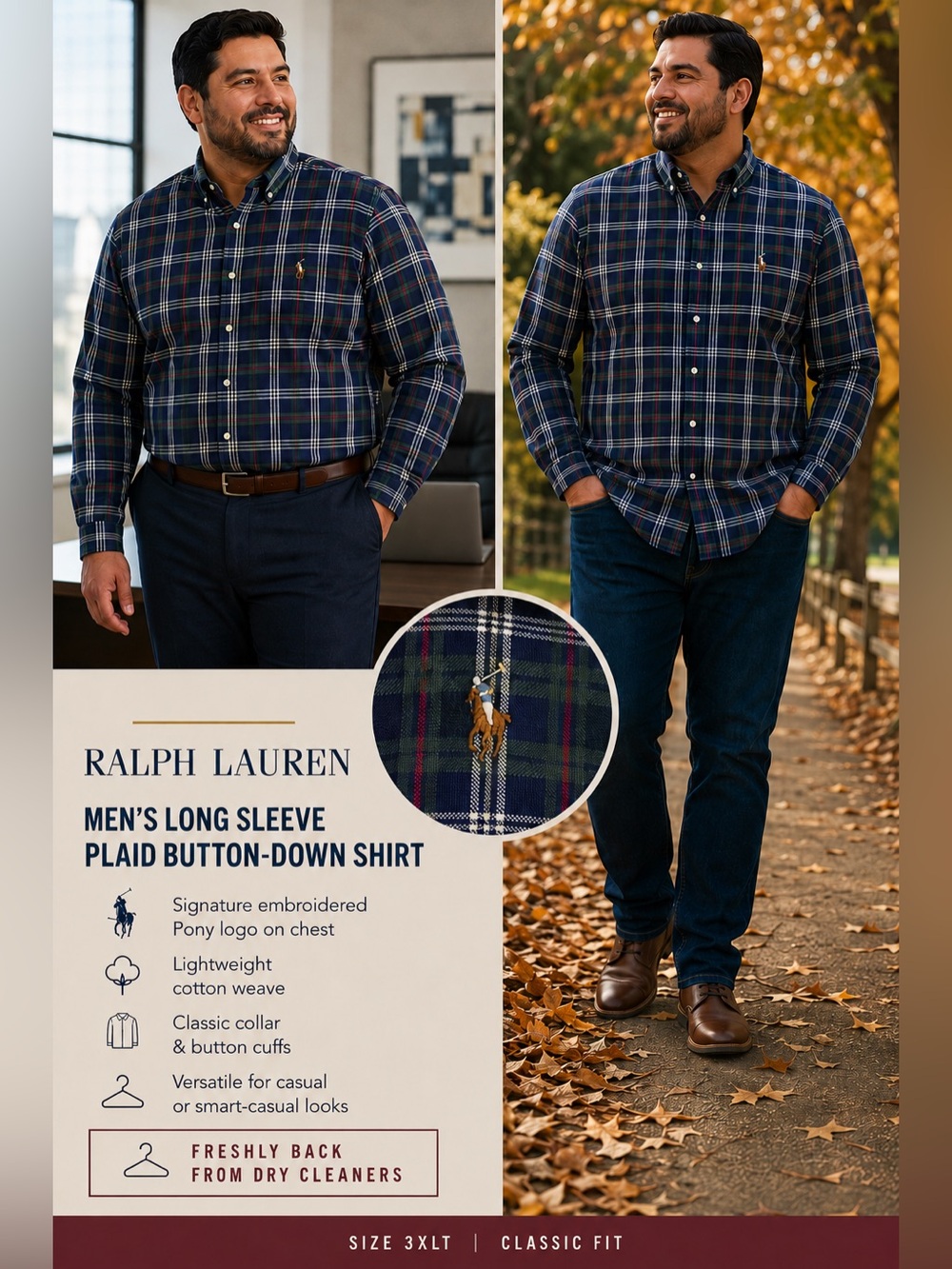 *Dry Cleaned* Polo Ralph Lauren Navy and Green Plaid Button-Down Shirt Size 3XLT